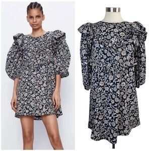 ZARA Floral Ruffle Puff Sleeve Shift Dress size M